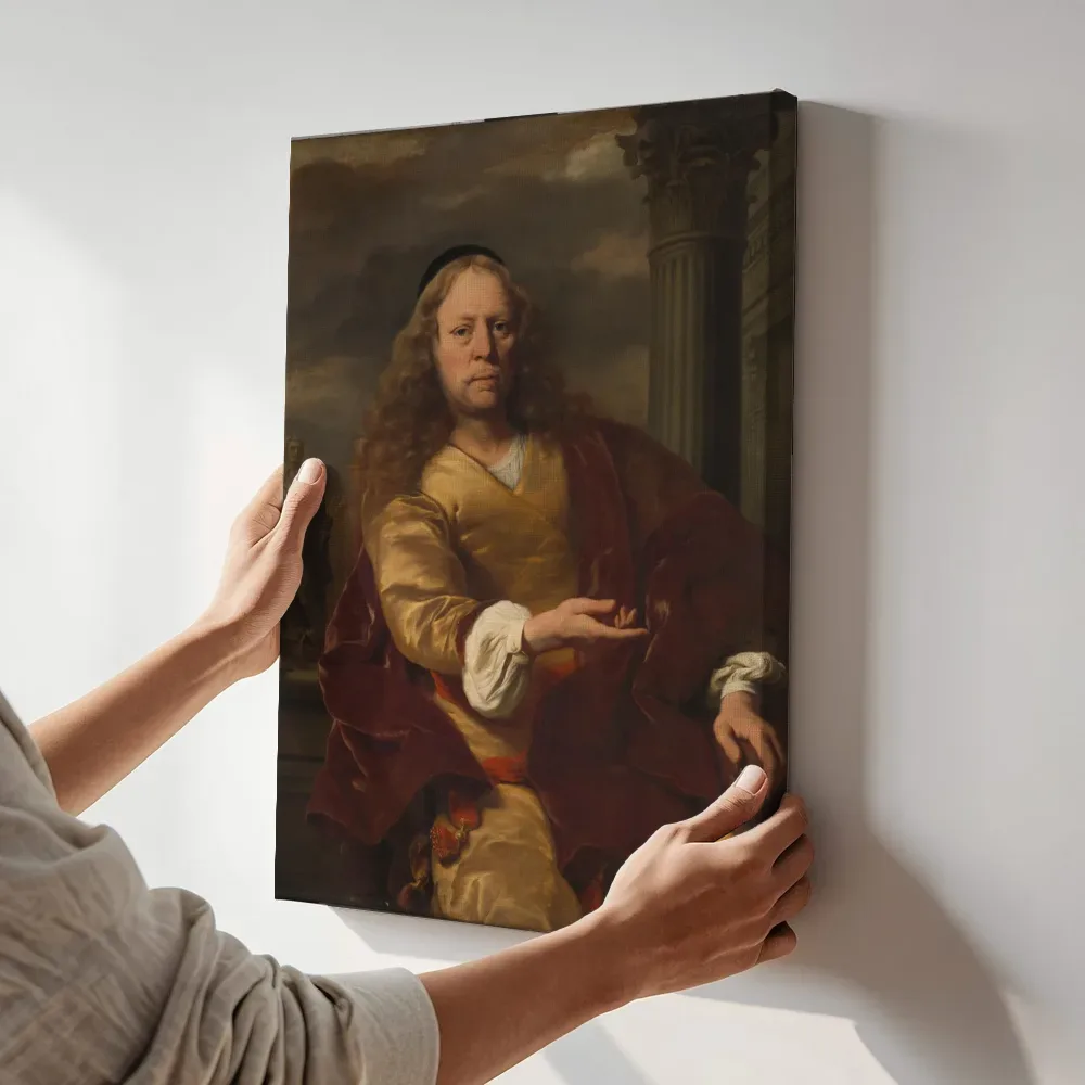 Sfeerimpressie: Portret van een man van Ferdinand Bol terwijl het aan de muur wordt gehangen