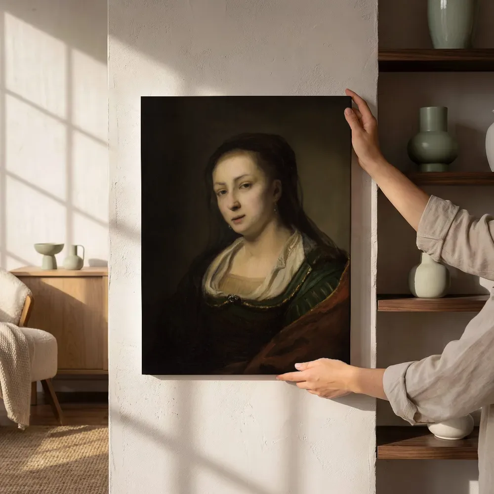 Sfeerimpressie: Portret van een vrouw van Ferdinand Bol naast de kast