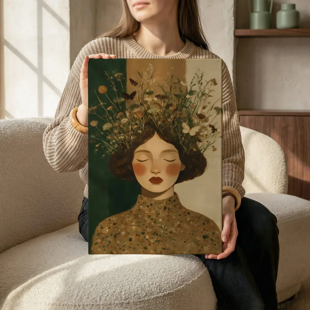 Sfeerimpressie: Portret couture veldbloemen in aardetinten terwijl het zittend wordt getoond