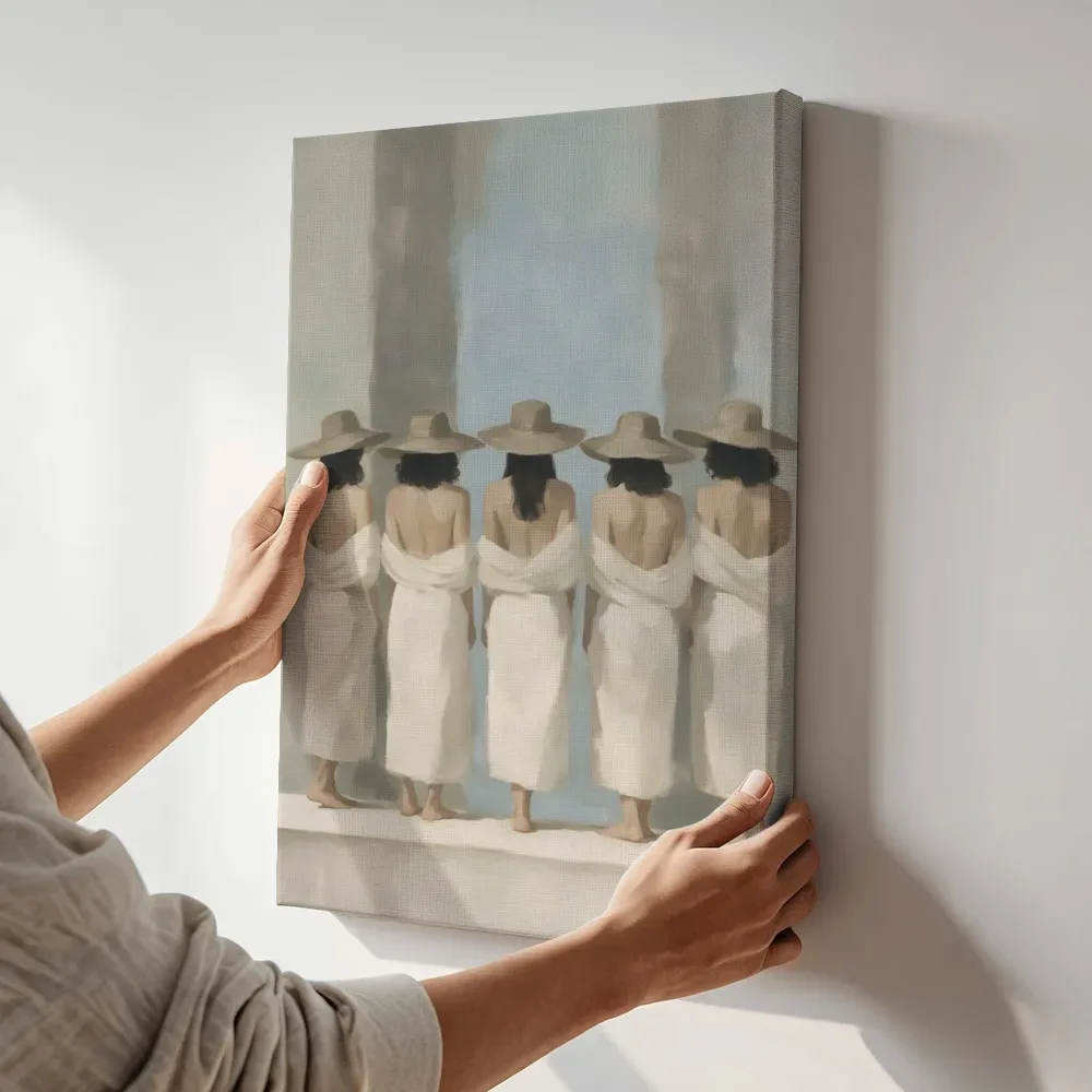 Sfeerimpressie: Portret groep op de rug gezien in mist gehuld terwijl het aan de muur wordt gehangen
