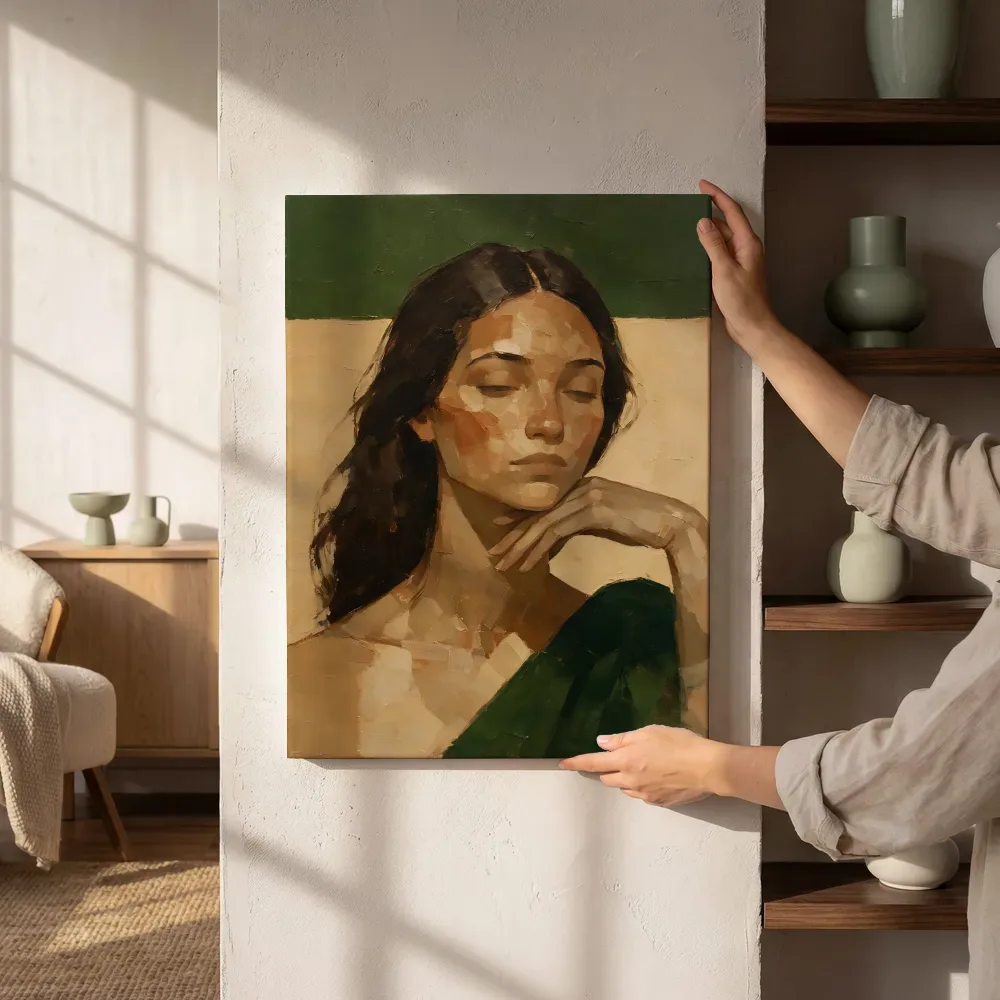 Sfeerimpressie: Portret, hand bij het gezicht, olieverf in aardetinten naast de kast