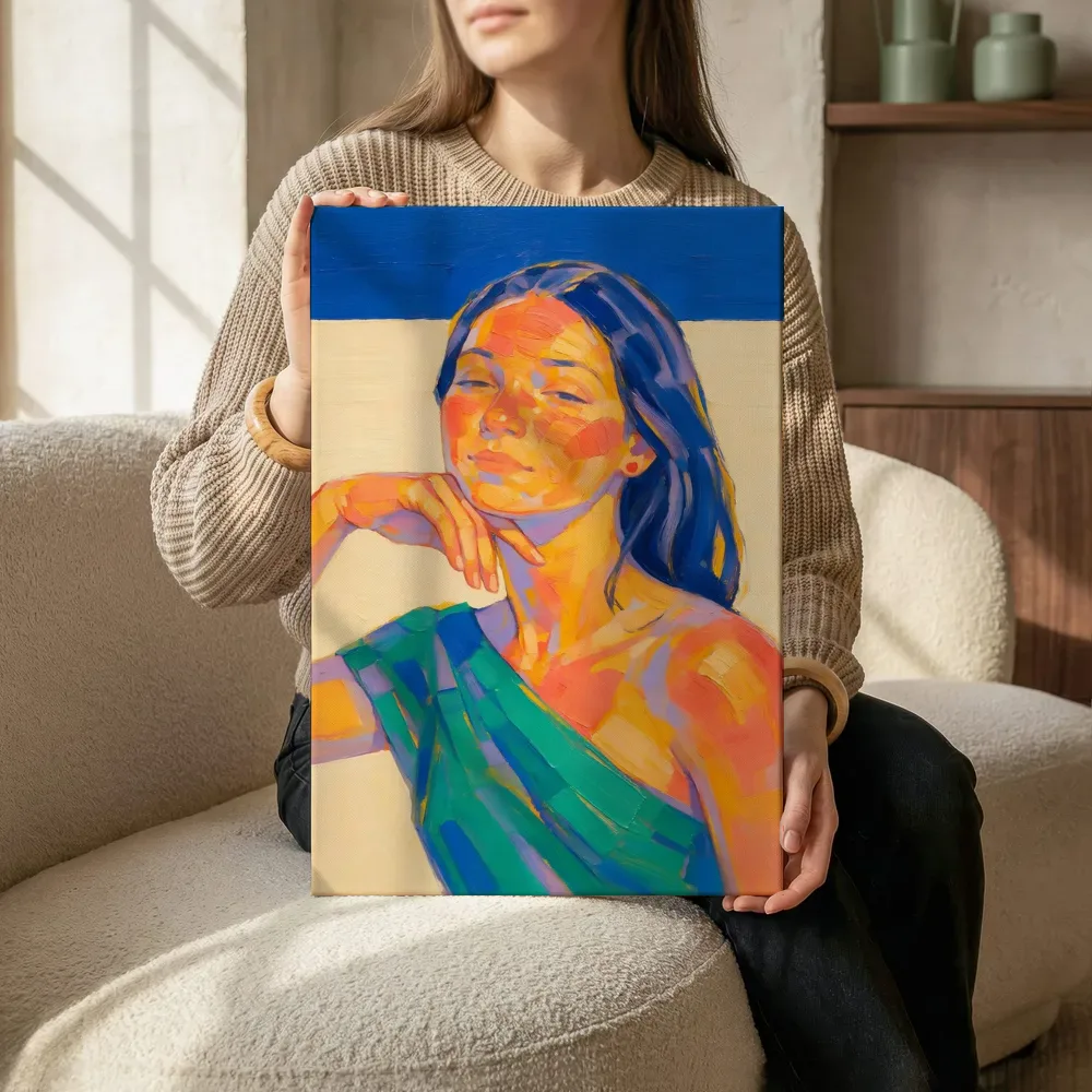 Sfeerimpressie: Portret, hand bij het gezicht, olieverf in diep fel koraal terwijl het zittend wordt getoond