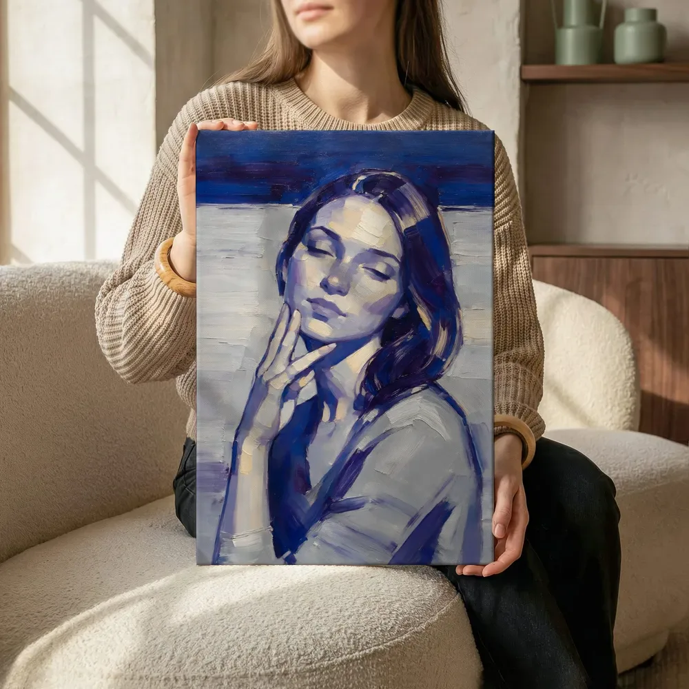 Sfeerimpressie: Portret, hand bij het gezicht, olieverf in diep kobalt en violet terwijl het zittend wordt getoond