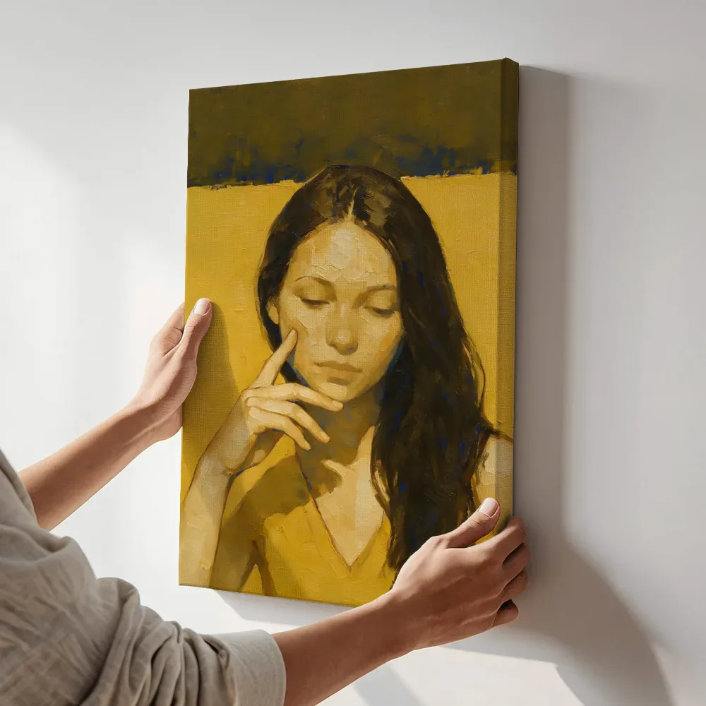 Sfeerimpressie: Portret, hand bij het gezicht, olieverf in diep mosterd en kobalt terwijl het aan de muur wordt gehangen