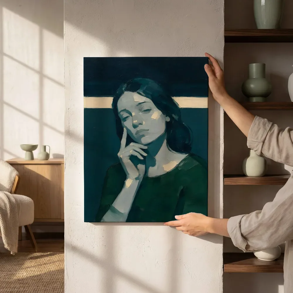 Sfeerimpressie: Portret, hand bij het gezicht, olieverf in diep nacht naast de kast