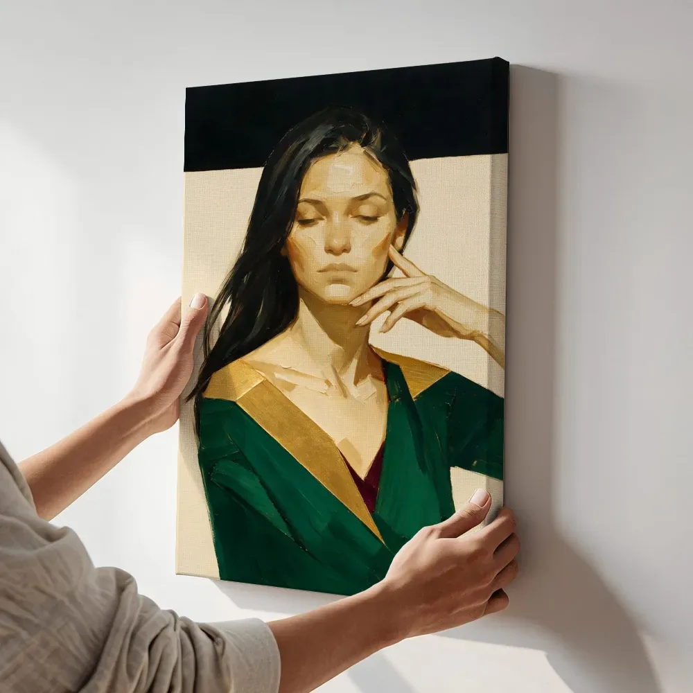Sfeerimpressie: Portret, hand bij het gezicht, olieverf in diep smaragd en zwart terwijl het aan de muur wordt gehangen