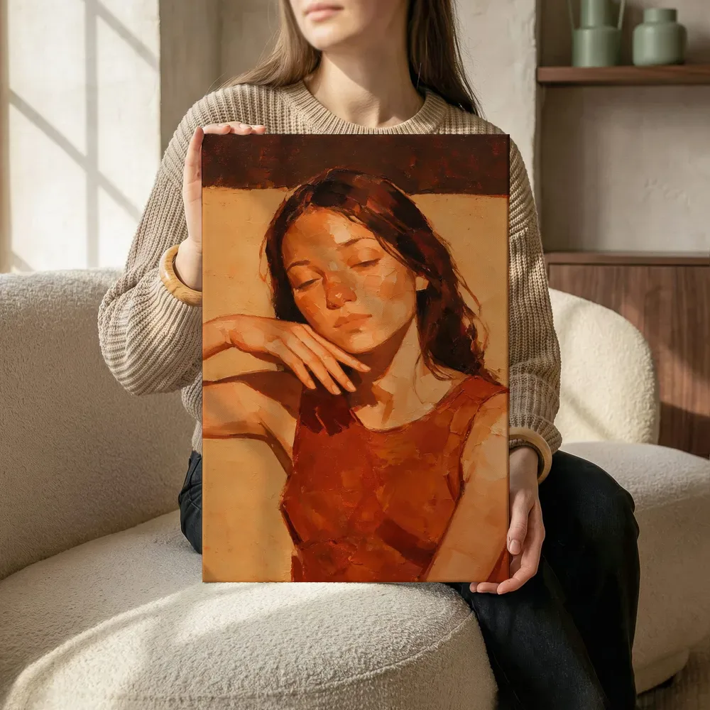 Sfeerimpressie: Portret, hand bij het gezicht, olieverf in diep terracotta terwijl het zittend wordt getoond