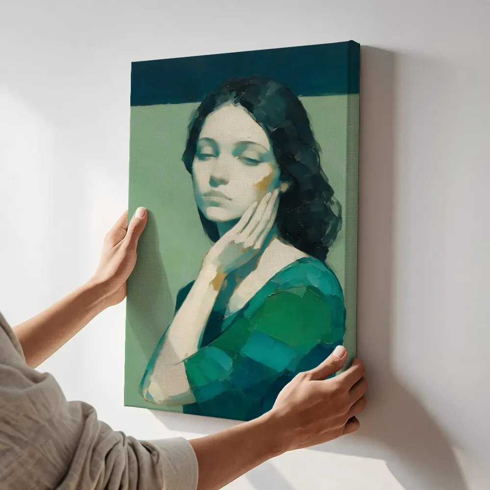 Sfeerimpressie: Portret, hand bij het gezicht, olieverf in diepgroen terwijl het aan de muur wordt gehangen