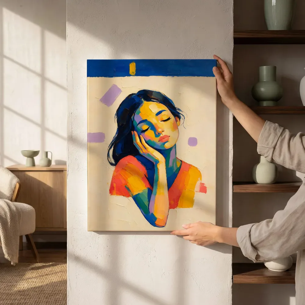 Sfeerimpressie: Portret, hand bij het gezicht, olieverf in donker fel koraal naast de kast