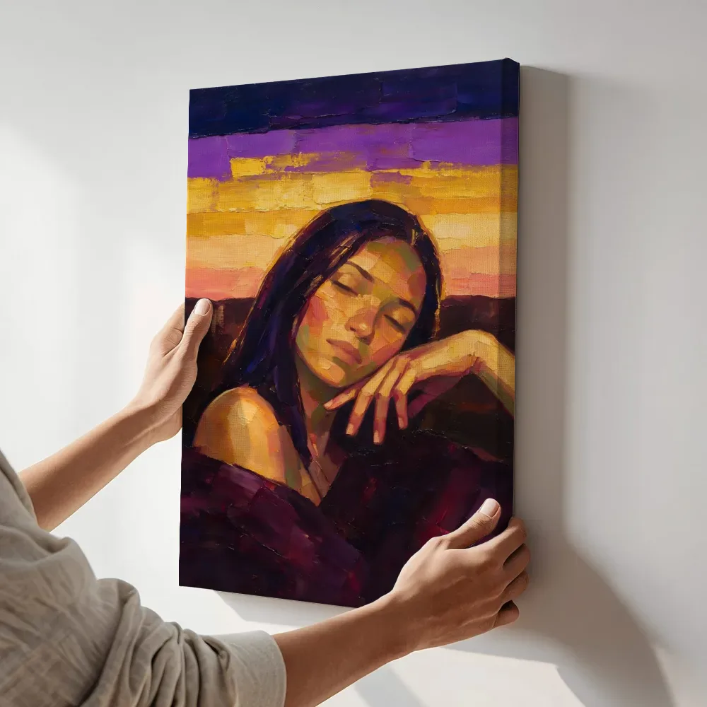 Sfeerimpressie: Portret, hand bij het gezicht, olieverf in gouden uur terwijl het aan de muur wordt gehangen