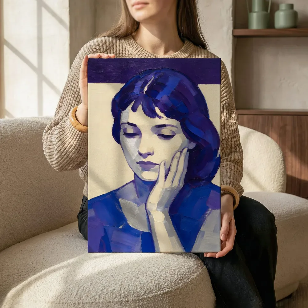 Sfeerimpressie: Portret, hand bij het gezicht, olieverf in kobalt en violet terwijl het zittend wordt getoond