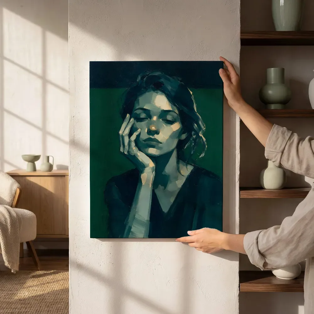 Sfeerimpressie: Portret, hand bij het gezicht, olieverf in nacht naast de kast