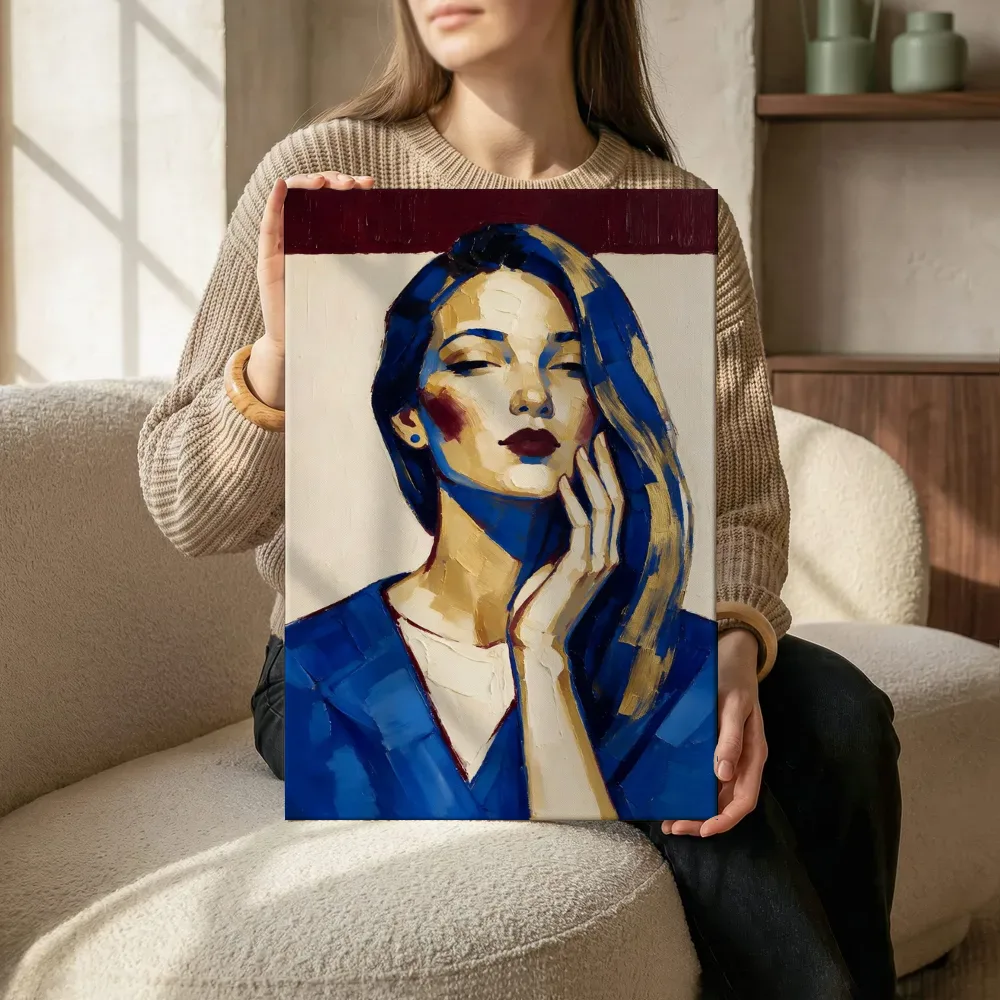 Sfeerimpressie: Portret, hand bij het gezicht, olieverf in royal blauw terwijl het zittend wordt getoond