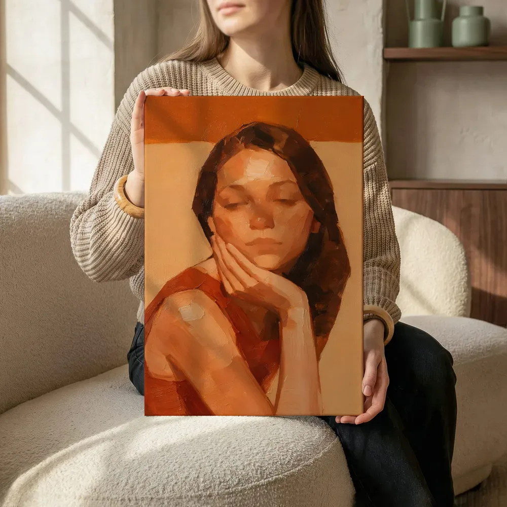 Sfeerimpressie: Portret, hand bij het gezicht, olieverf in terracotta terwijl het zittend wordt getoond