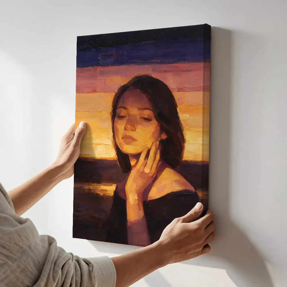 Sfeerimpressie: Portret, hand bij het gezicht, olieverf in warm gouden uur terwijl het aan de muur wordt gehangen