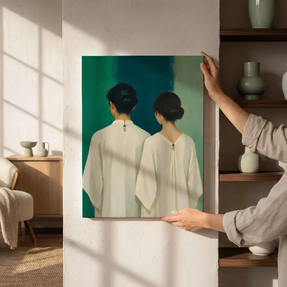 Sfeerimpressie: Portret koppel op de rug gezien in diepgroen naast de kast