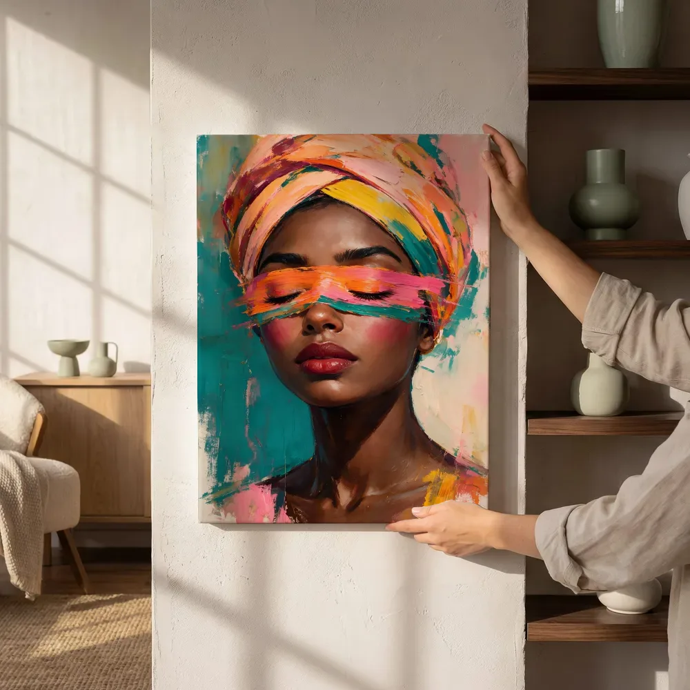 Sfeerimpressie: Portret met een blinddoek van verf naast de kast