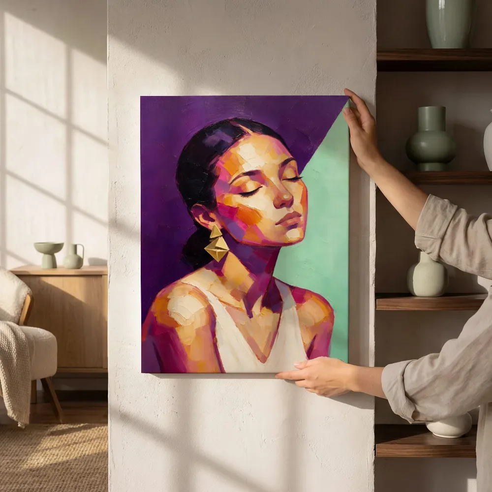 Sfeerimpressie: Portret met gesloten ogen, olieverf in fel magenta naast de kast