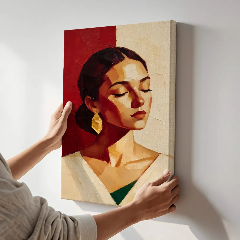 Sfeerimpressie: Portret met gesloten ogen, olieverf in granaatappel terwijl het aan de muur wordt gehangen