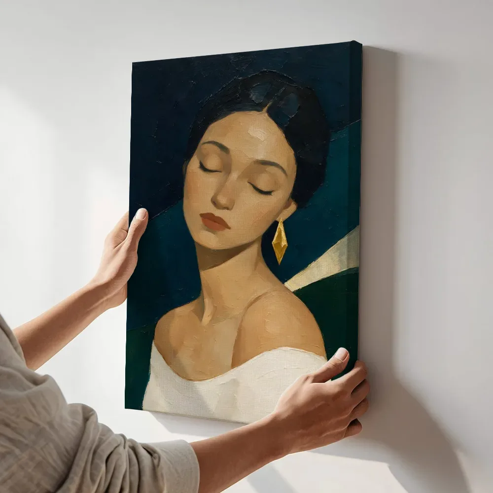 Sfeerimpressie: Portret met gesloten ogen, olieverf in nacht terwijl het aan de muur wordt gehangen