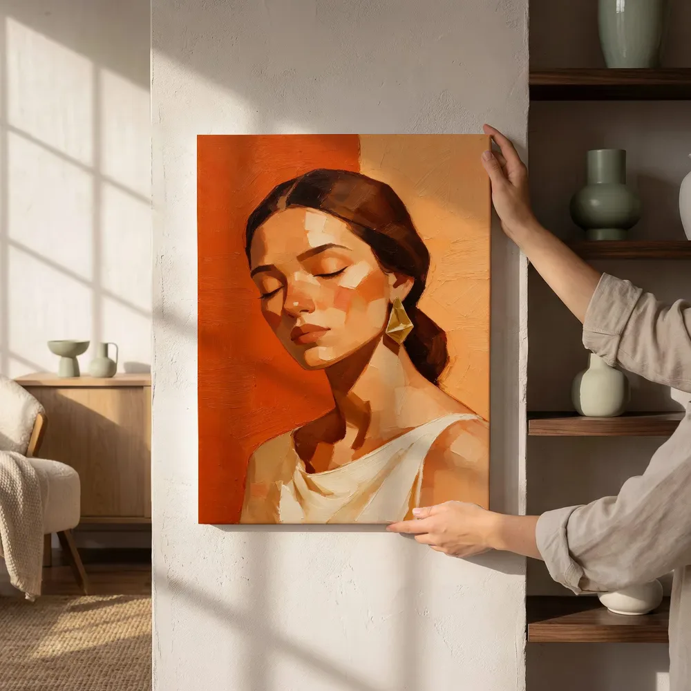 Sfeerimpressie: Portret met gesloten ogen, olieverf in terracotta naast de kast