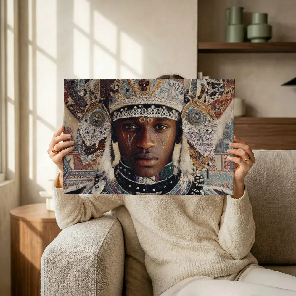 Sfeerimpressie: Portret met mozaïek hoofdtooi terwijl het omhoog wordt gehouden