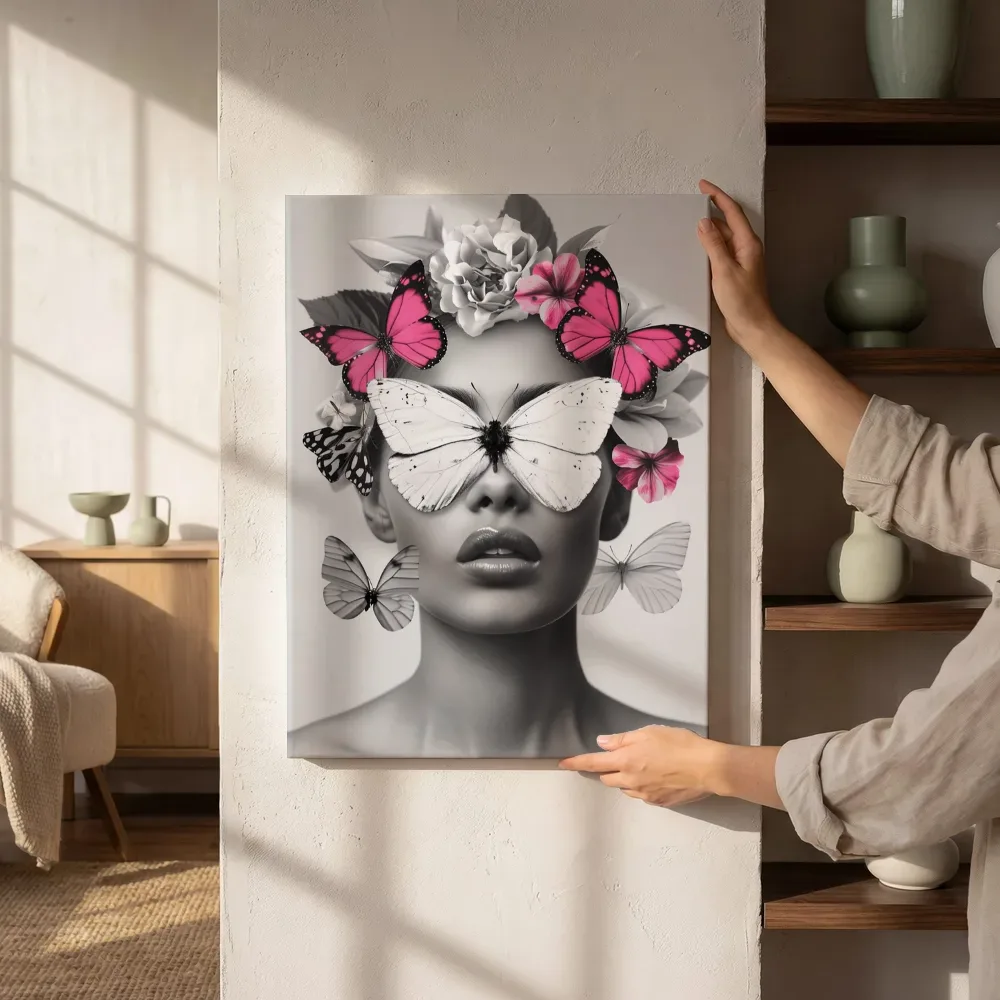 Sfeerimpressie: Portret met roze vlinders naast de kast