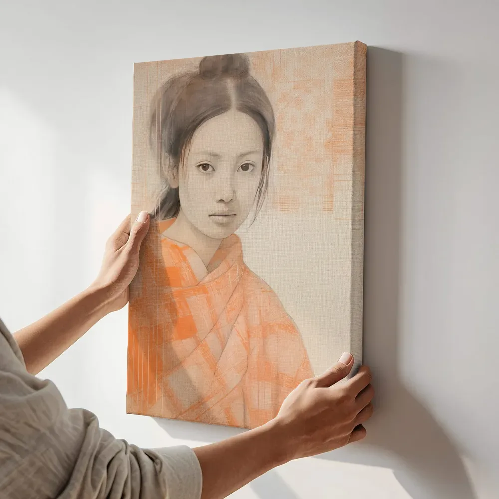 Sfeerimpressie: Schetsmatig portret in oranje terwijl het aan de muur wordt gehangen