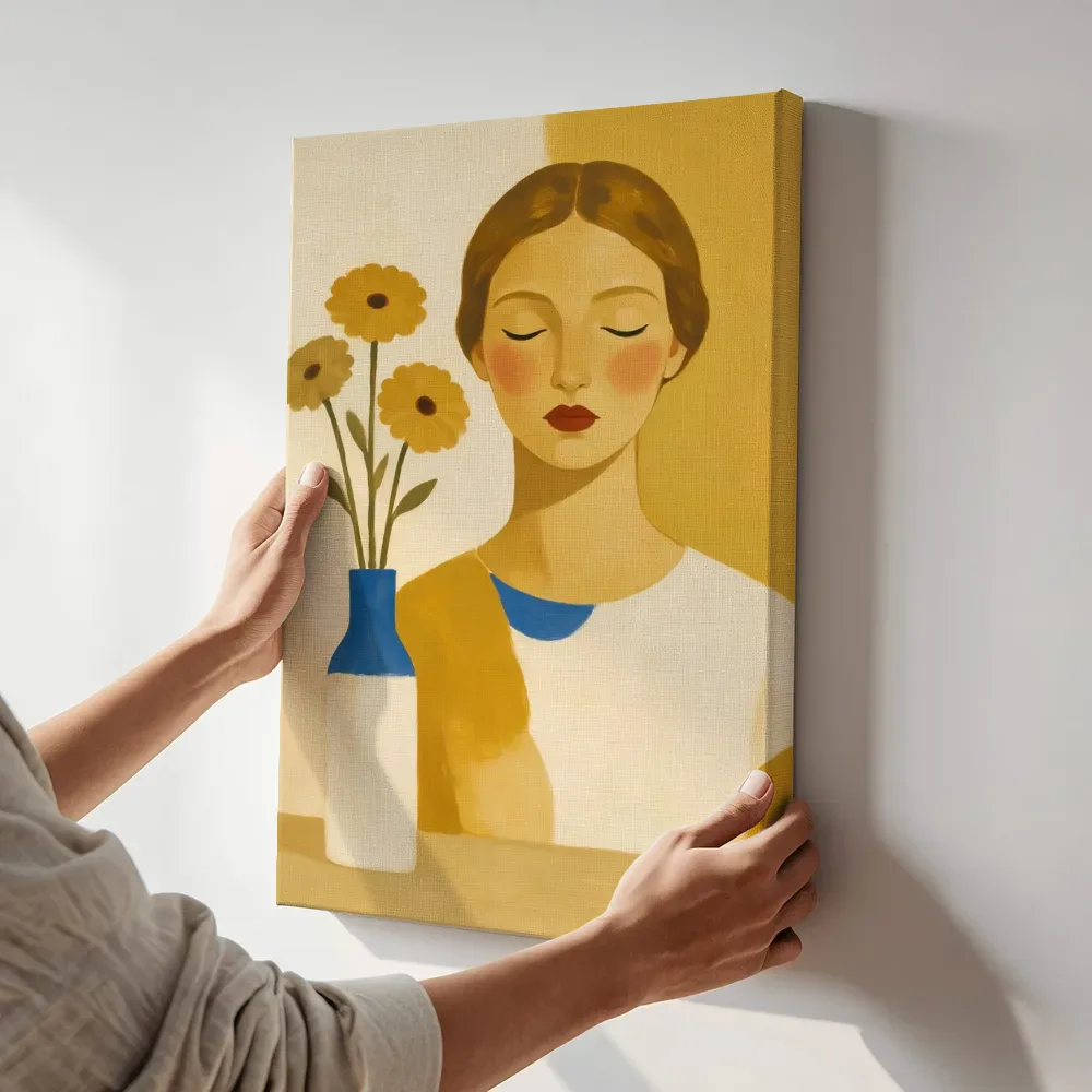 Sfeerimpressie: Portret vaas in vlakken, mosterd en kobaltblauw terwijl het aan de muur wordt gehangen