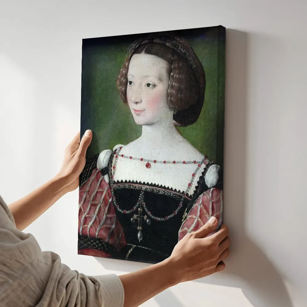 Sfeerimpressie: Portret van Beatrix Pacheco, gravin van Entremont, Kring van Jean Clouet terwijl het aan de muur wordt gehangen
