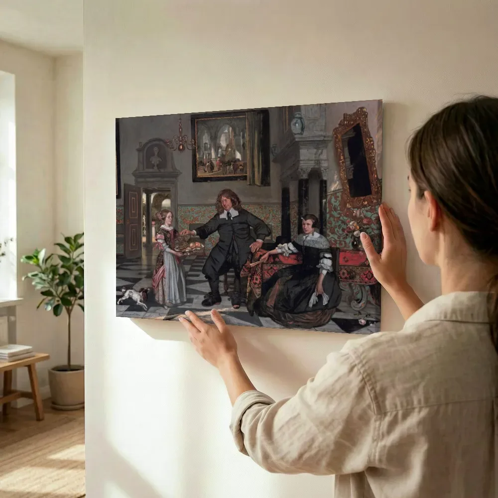Sfeerimpressie: Portret van de familie De Graeff in een interieur van Emanuel de Witte terwijl het wordt opgehangen