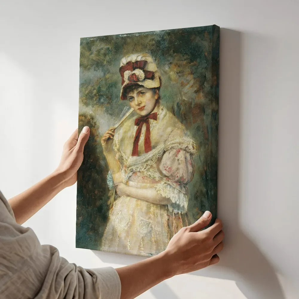 Sfeerimpressie: Portret van een dame van Eugen Horstig terwijl het aan de muur wordt gehangen