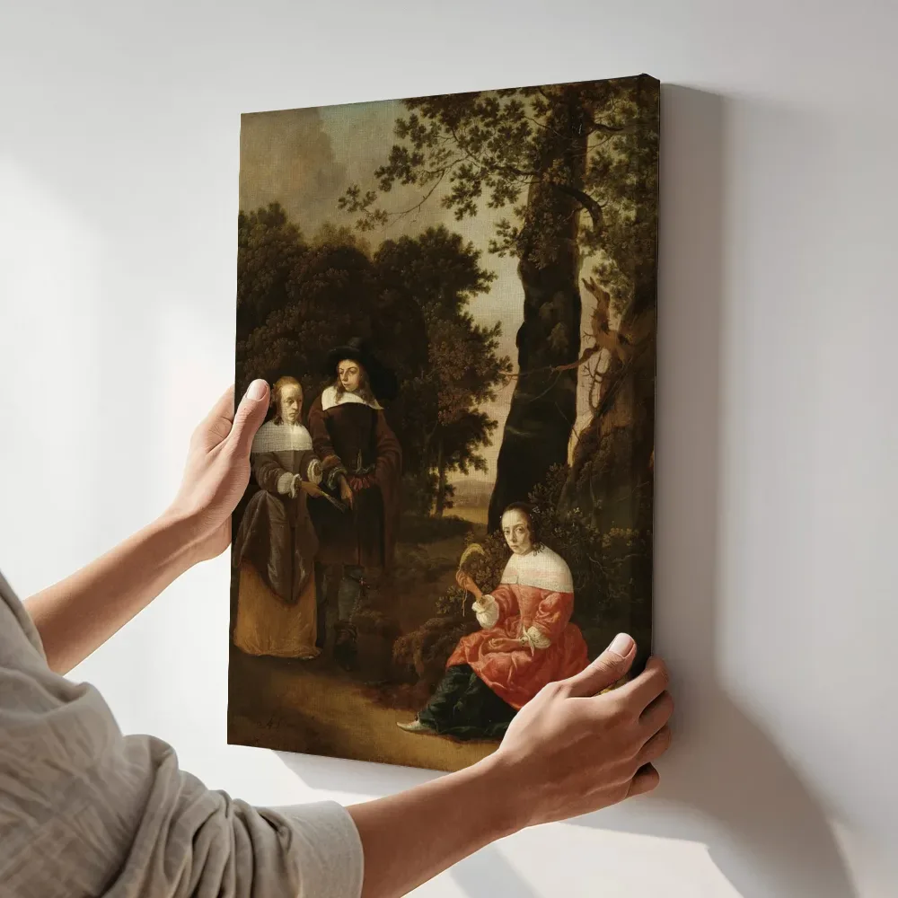 Sfeerimpressie: Portret van een echtpaar in een landschap met een herderin, Toegeschreven aan Hendrick van der Burgh terwijl het aan de muur wordt gehangen