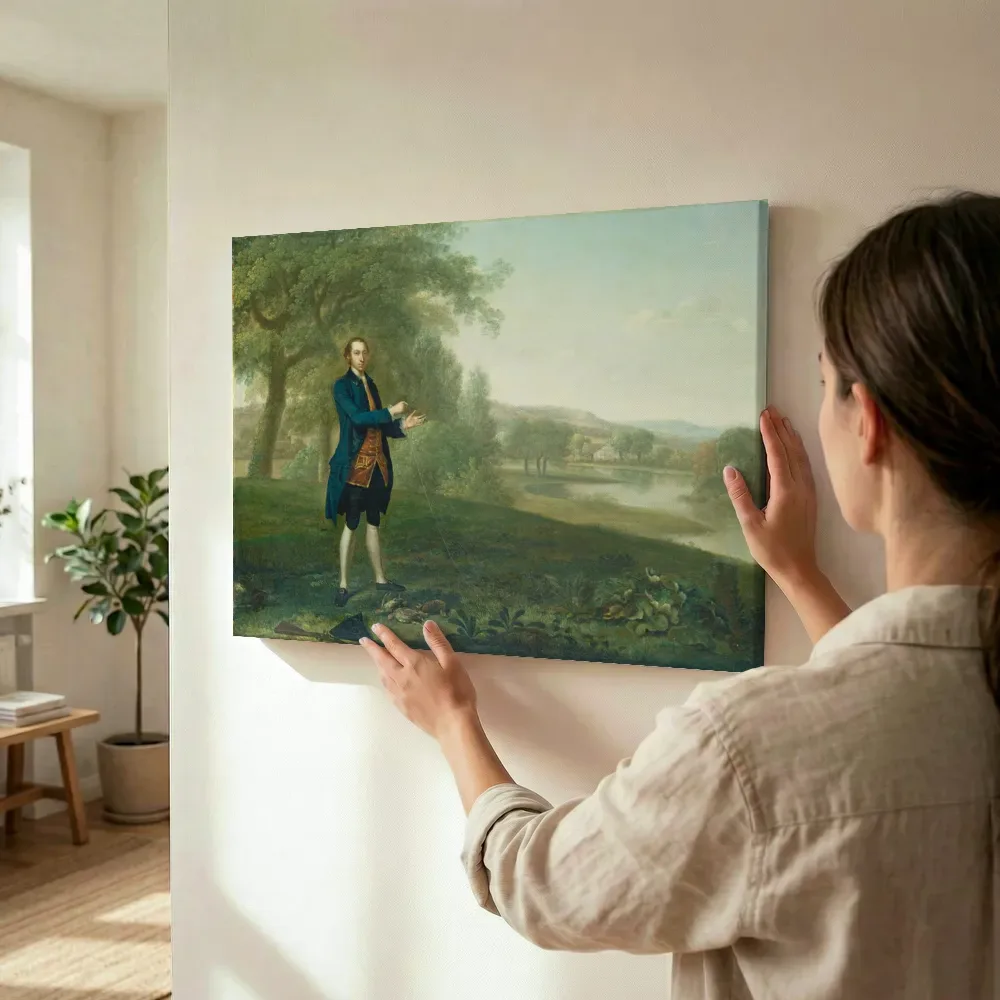 Sfeerimpressie: Portret van een heer die patrijzen vangt van Arthur Devis terwijl het wordt opgehangen