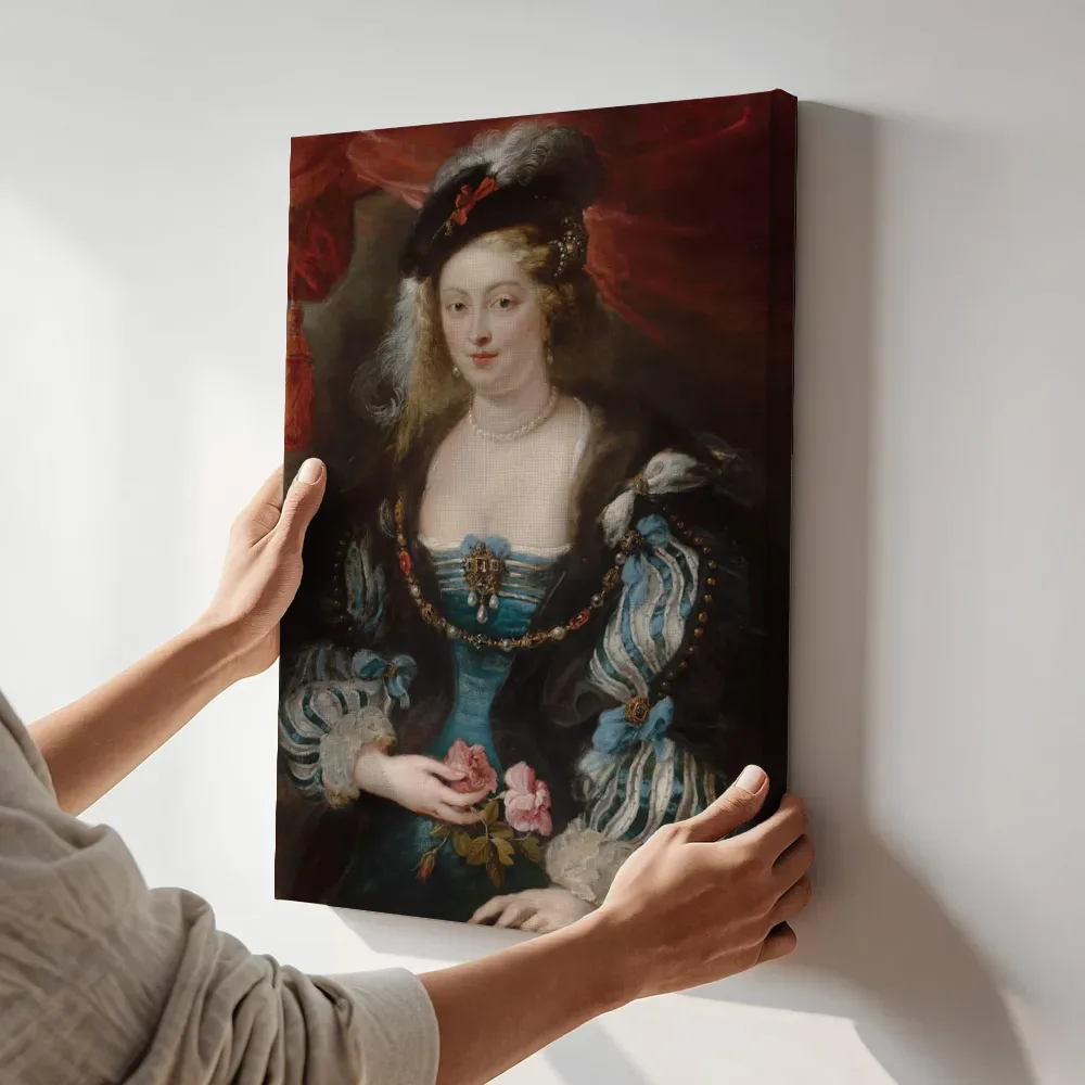 Sfeerimpressie: Portret van een jonge vrouw, Atelier (1620) van Peter Paul Rubens terwijl het aan de muur wordt gehangen
