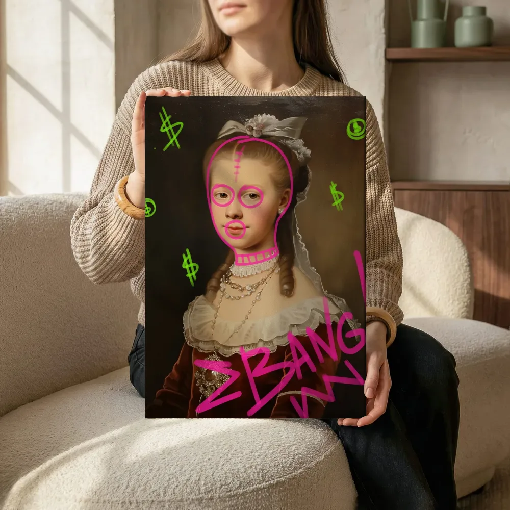 Sfeerimpressie: Portret van een jonge vrouw graffiti editie terwijl het zittend wordt getoond