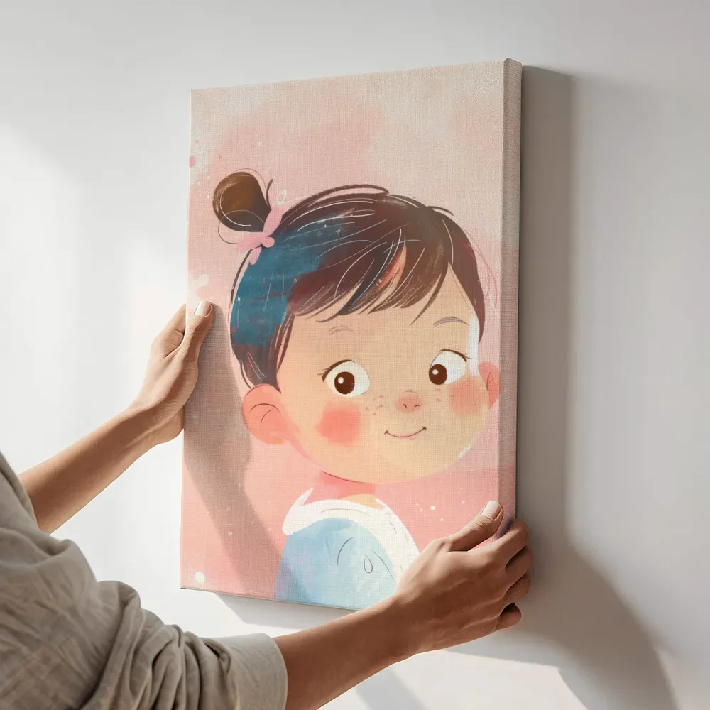 Sfeerimpressie: Portret van een lief meisje terwijl het aan de muur wordt gehangen