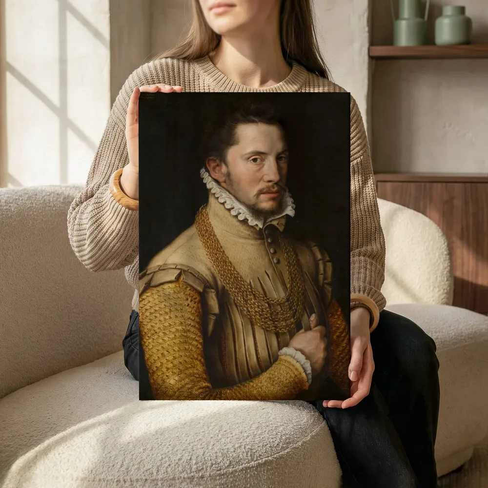 Sfeerimpressie: Portret van een man van Antonis Mor, Atelier van Huybrecht Beuckeleer terwijl het zittend wordt getoond