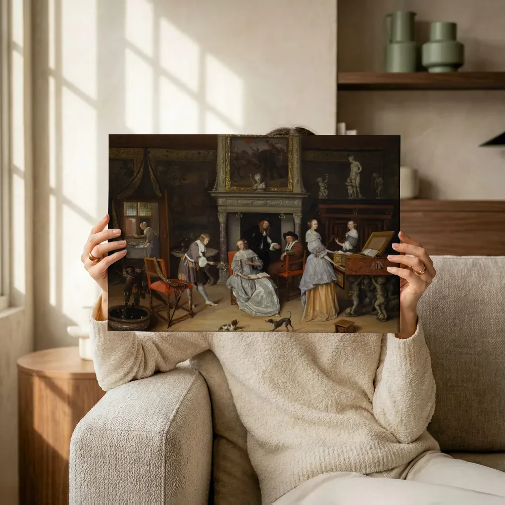 Sfeerimpressie: Portret van een onbekende familie in een interieur van Jan Steen terwijl het omhoog wordt gehouden