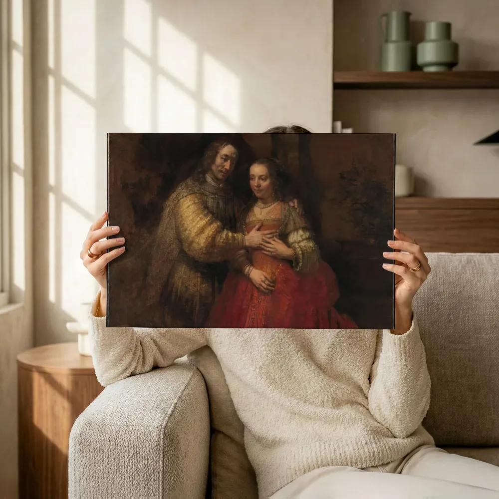 Sfeerimpressie: Portret van een paar als Isaak en Rebekka, bekend als 'De Joodse bruid' van Rembrandt van Rijn terwijl het omhoog wordt gehouden