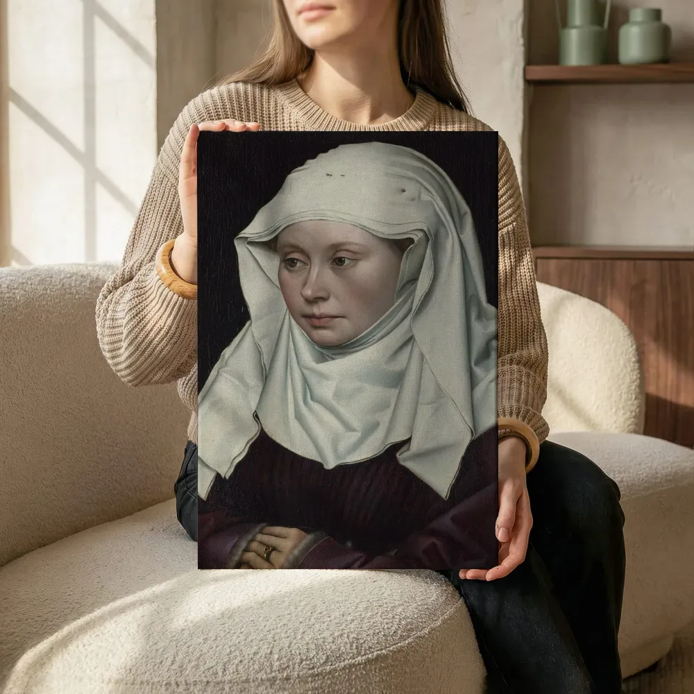 Sfeerimpressie: Portret van een Vrouw van Robert Campin terwijl het zittend wordt getoond