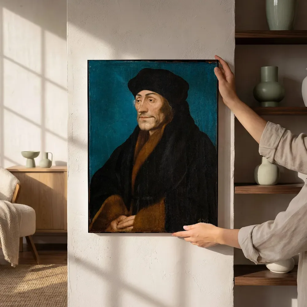 Sfeerimpressie: Portret van Erasmus van Rotterdam van Hans Holbein the Younger en atelier naast de kast