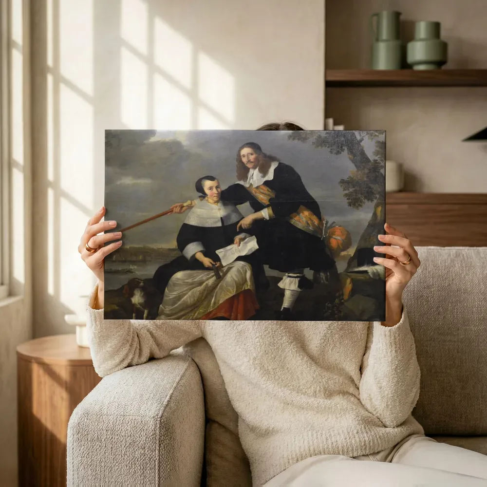 Sfeerimpressie: Portret van Hendrick Heuck (?-1677) en Catharina Brouwers (?-?) van Nicolaes de Helt Stockade terwijl het omhoog wordt gehouden