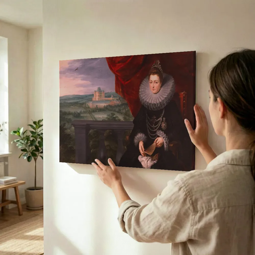 Sfeerimpressie: Portret van Isabella van Spanje (1566-1633) met op de achtergrond het kasteel van Mariemont van Peter Paul Rubens terwijl het wordt opgehangen