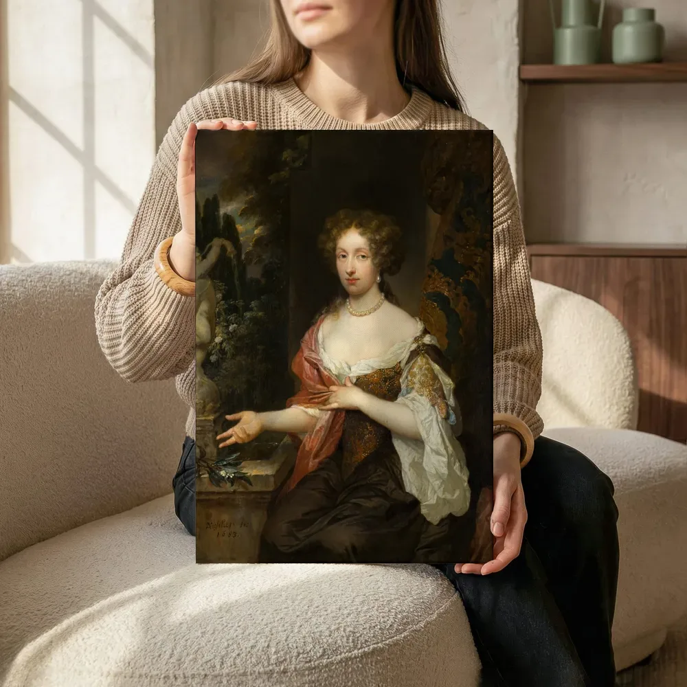 Sfeerimpressie: Portret van Maria Timmers (1657-1753), echtgenote van Maurits Le Leu de Wilhem van Caspar Netscher terwijl het zittend wordt getoond