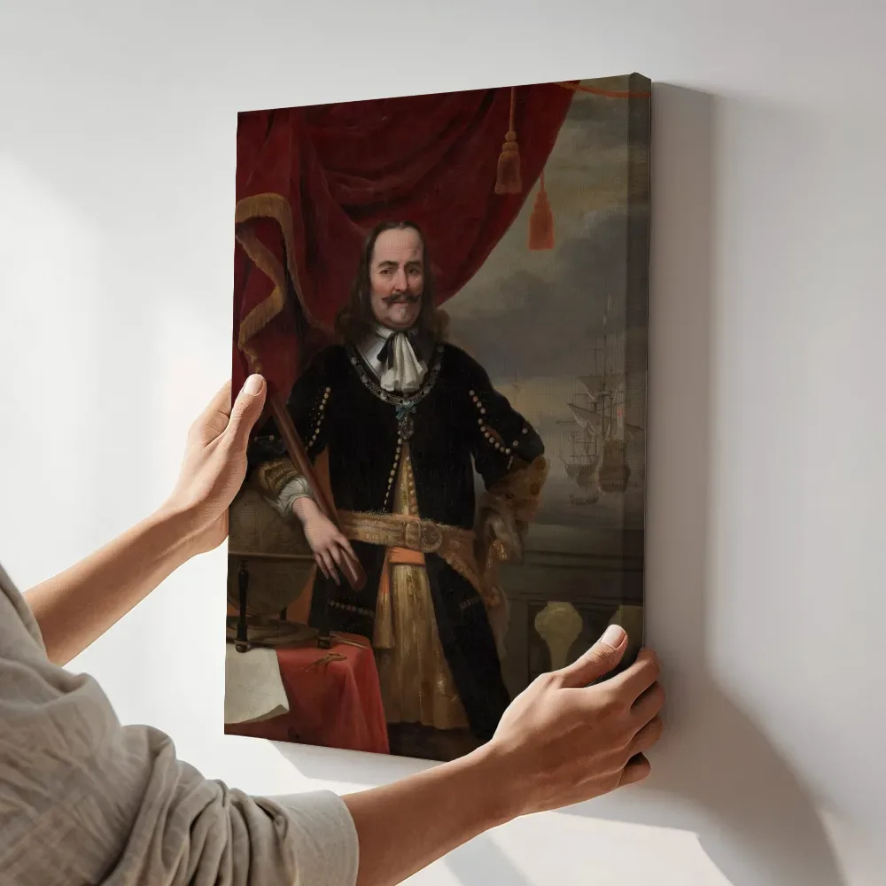 Sfeerimpressie: Portret van Michiel de Ruyter (1607-1676) van Ferdinand Bol terwijl het aan de muur wordt gehangen