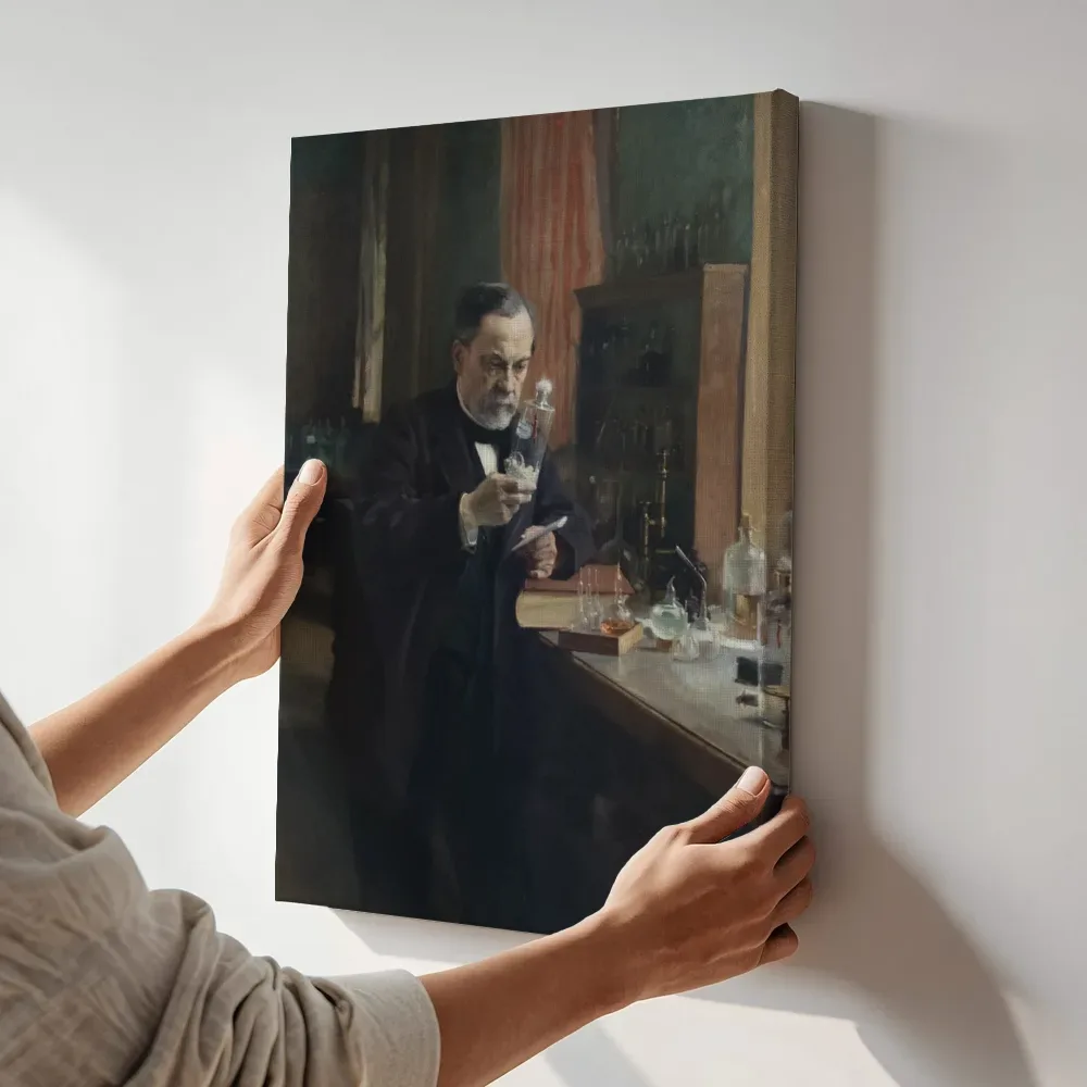 Sfeerimpressie: Portret van Pasteur van Albert Edelfelt terwijl het aan de muur wordt gehangen