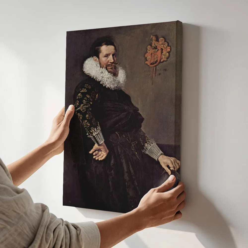 Sfeerimpressie: Portret van Paulus van Beresteyn (1588-1636) van Frans Hals terwijl het aan de muur wordt gehangen
