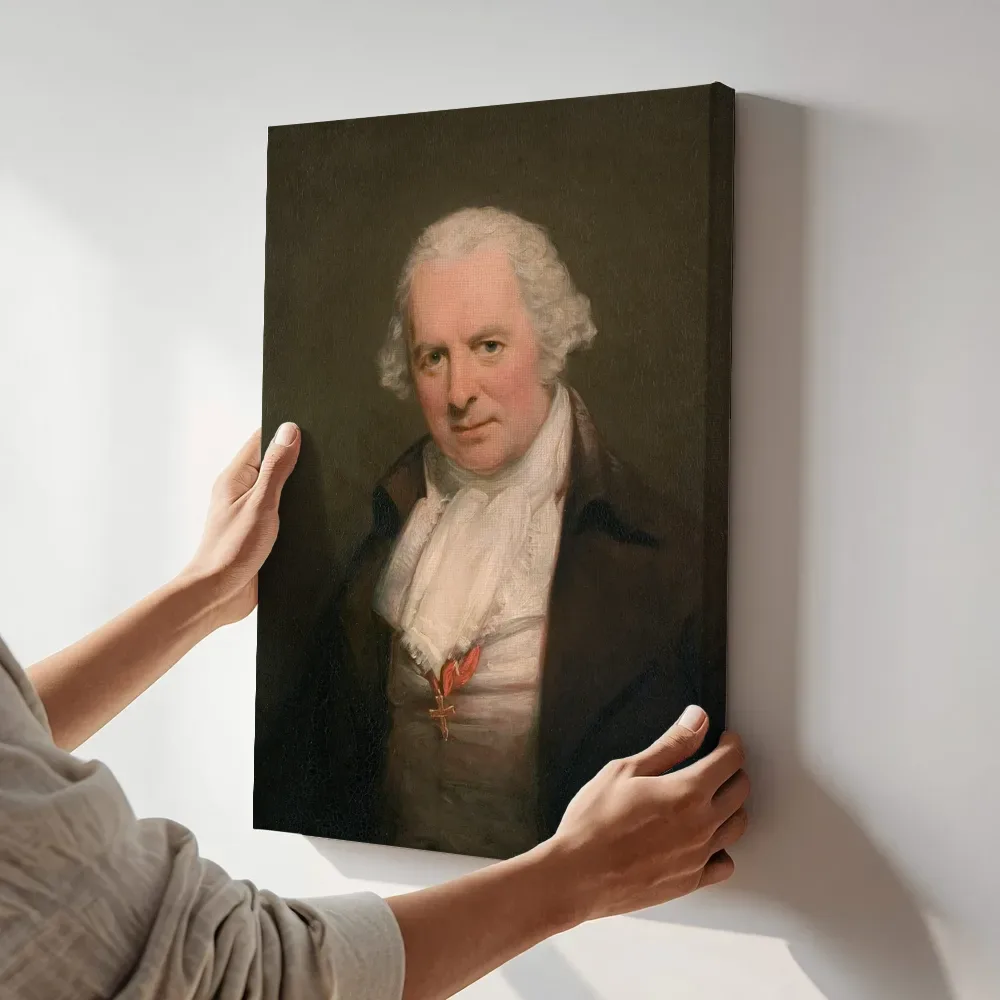 Sfeerimpressie: Portret van tandarts Bartholomew Ruspini van George Romney terwijl het aan de muur wordt gehangen