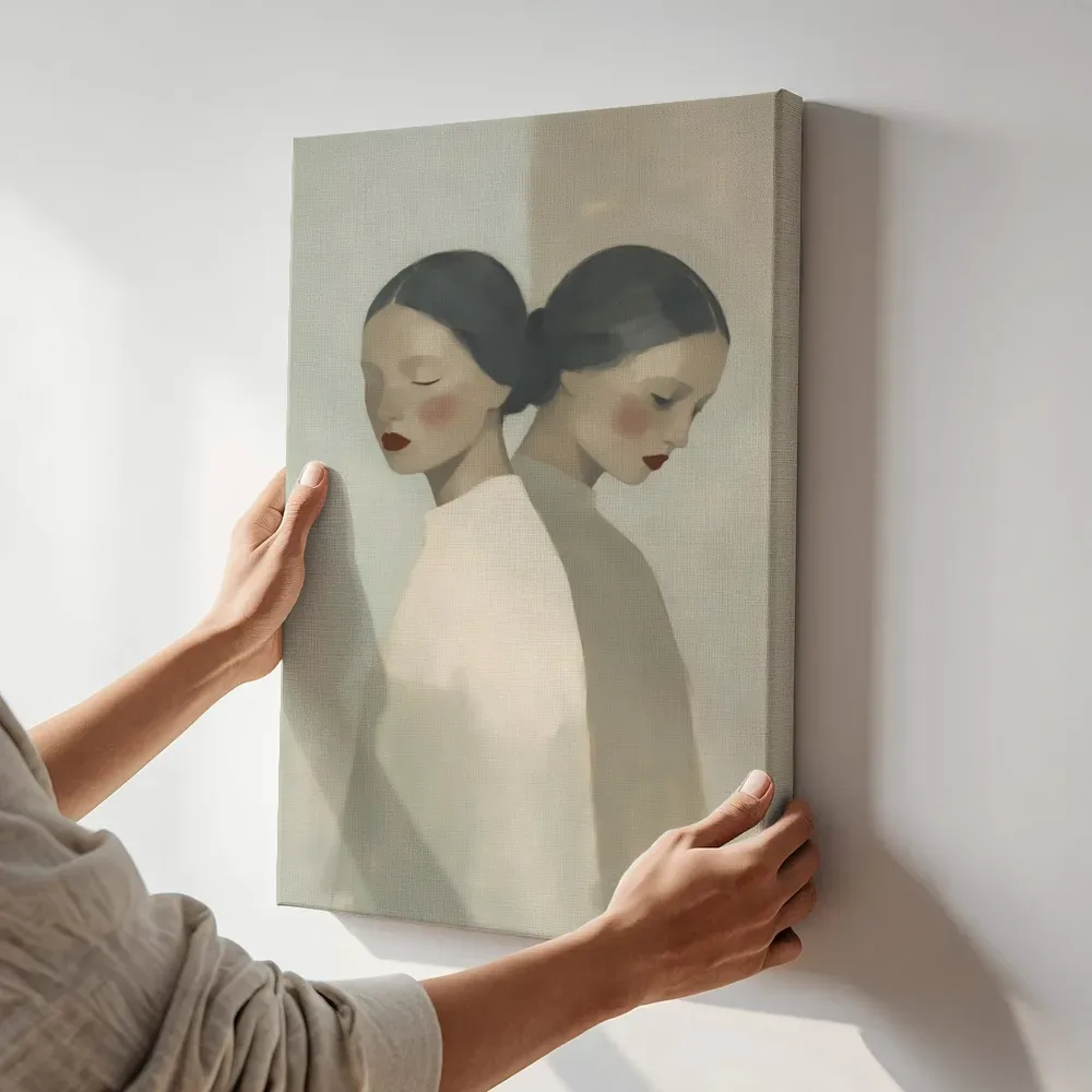 Sfeerimpressie: Portret vrouwen in mist gehuld terwijl het aan de muur wordt gehangen